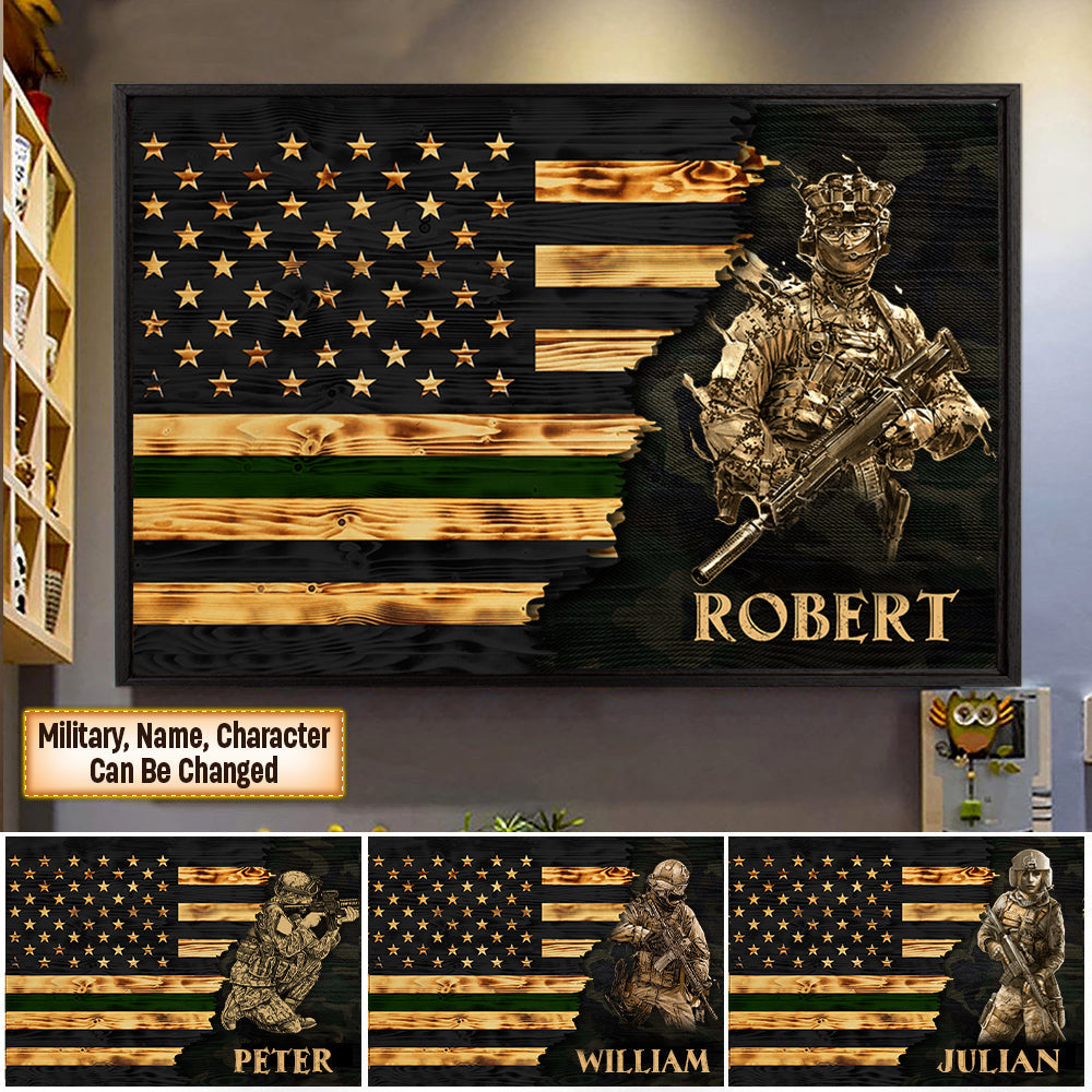 Personalized Branch & Name Half Thin Green Line Soldier Veteran Poster Canvas For Veterans