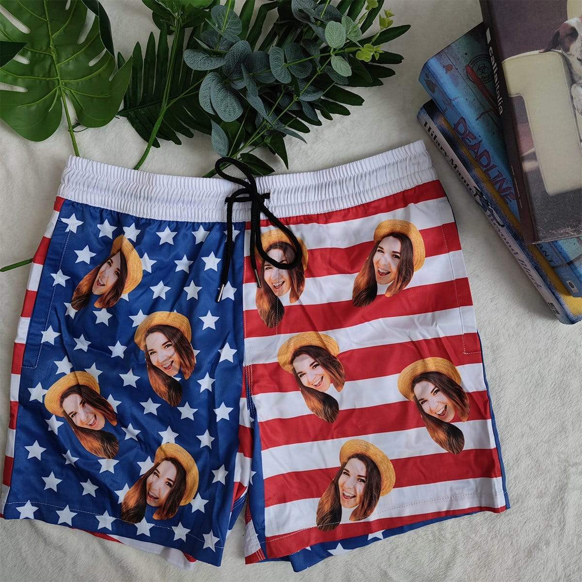 Personalized Swim Trunks Custom Swimming Shorts Custom Face Stars Stripes Men's Quick Dry Swim Shorts Mens Print Swimwear with Girlfriend's Face for Vacation