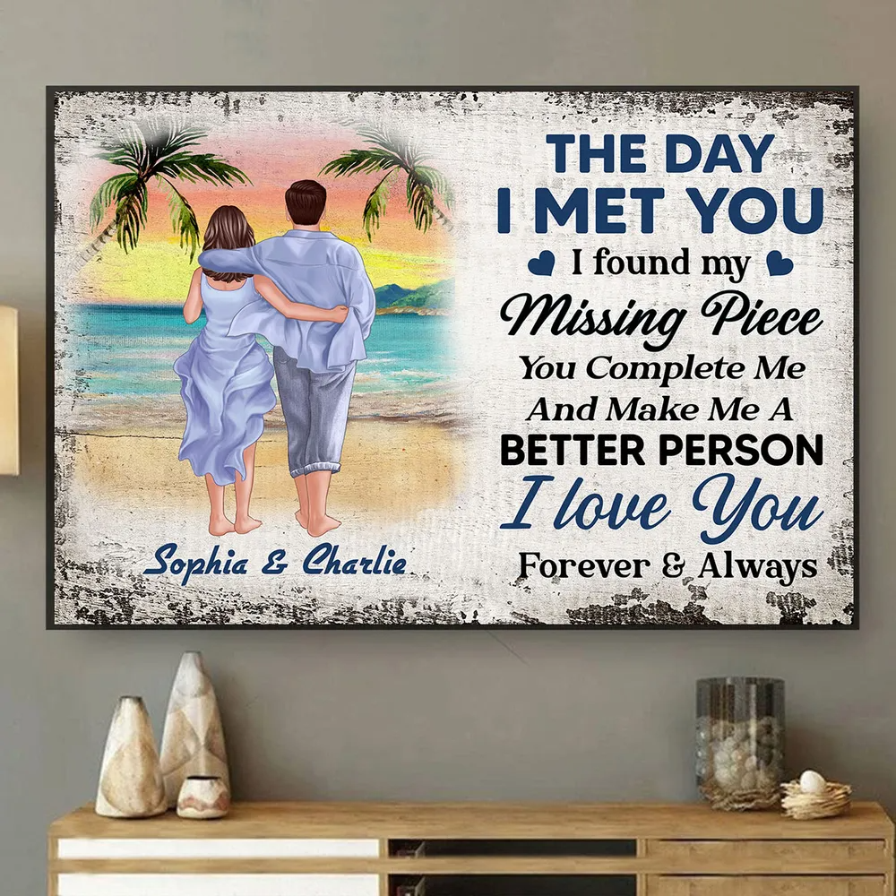 The Day I Met You Back View Couple Walking On The Beach Personalized Horizontal Poster