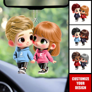 Cute Cartoon Couple Holding Hands Personalized Car Ornament, Anniversary & Valentine's Day Gift