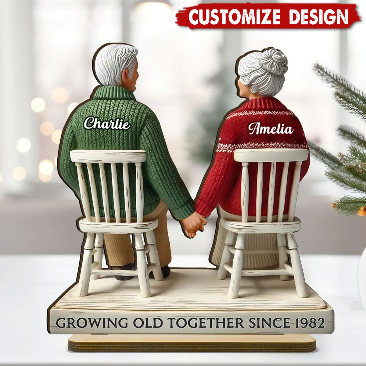 Back View Old Couple Sitting Together Personalized Couple Standing Wooden Plaque - Anniversary Gift For Wife,Husband