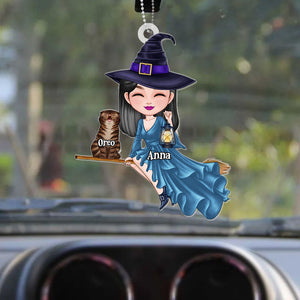 Witch Riding Broom Mystical Girl With Cute Cat Kitten Pet Personalized Car Ornament