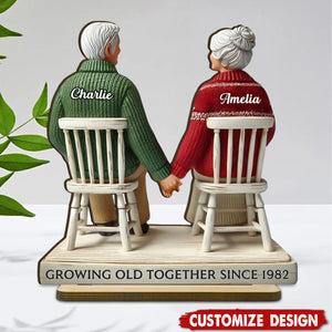 Back View Old Couple Sitting Together Personalized Couple Standing Wooden Plaque - Anniversary Gift For Wife,Husband