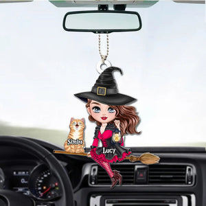 Witch Riding Broom Mystical Girl With Cute Cat Kitten Pet Personalized Car Ornament