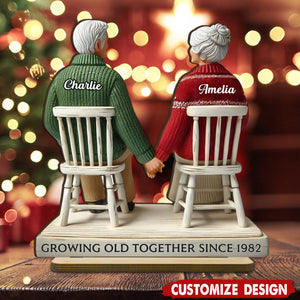 Back View Old Couple Sitting Together Personalized Couple Standing Wooden Plaque - Anniversary Gift For Wife,Husband