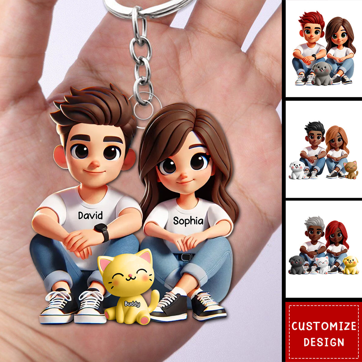 Cute Couple And Dogs Cats Personalized Keychain-Gift For Couple