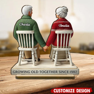 Back View Old Couple Sitting Together Personalized Couple Standing Wooden Plaque - Anniversary Gift For Wife,Husband