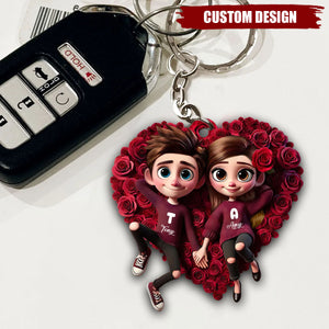 Rose Heart Couple Personalized Keychain, Anniversary Gift For Couple