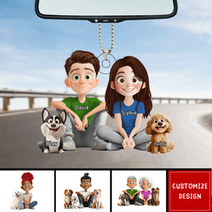 Personalized Cute Cartoon Couple And Dogs Acrylic Car Ornament-Gift For Dog Lovers, Couple