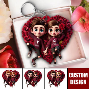 Rose Heart Couple Personalized Keychain, Anniversary Gift For Couple