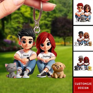 Cute Couple And Dogs Cats Personalized Keychain-Gift For Couple