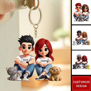 Cute Couple And Dogs Cats Personalized Keychain-Gift For Couple