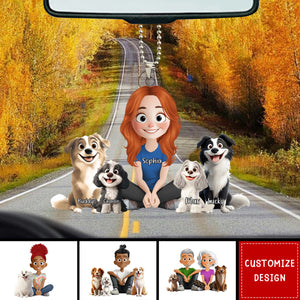 Personalized Cute Cartoon Couple And Dogs Acrylic Car Ornament-Gift For Dog Lovers, Couple