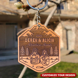 Personalized Hiking Couple Wood Keychain,Unique Custom Outdoors Gifts Hikers, Backpackers, Happy Camper, Newlywed