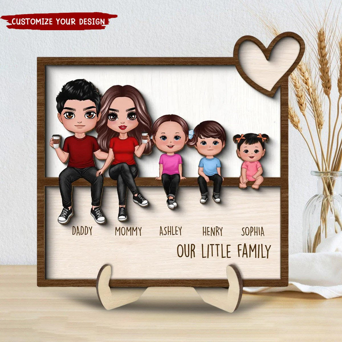 Family - Sitting Together Home Decor - Personalized Wooden Plaque With Stand