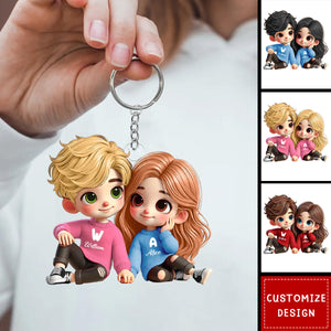 Cute Couple Sitting Together Personalized Keychain, Anniversary Gift For Wife,Husband