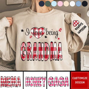 Personalized I love being Grandma Buffalo Plaid And Grandkids Sweatshirt