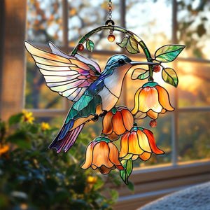 Hummingbird and Flower Suncatcher Ornament, Gift For Bird Lovers