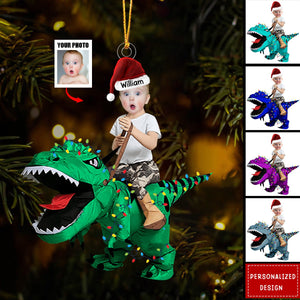 Cute  Kid/Adult Rides The Dinosaur Kid/Adult-Personalized Photo Acrylic Ornaments-2024 New Release Christmas Gift