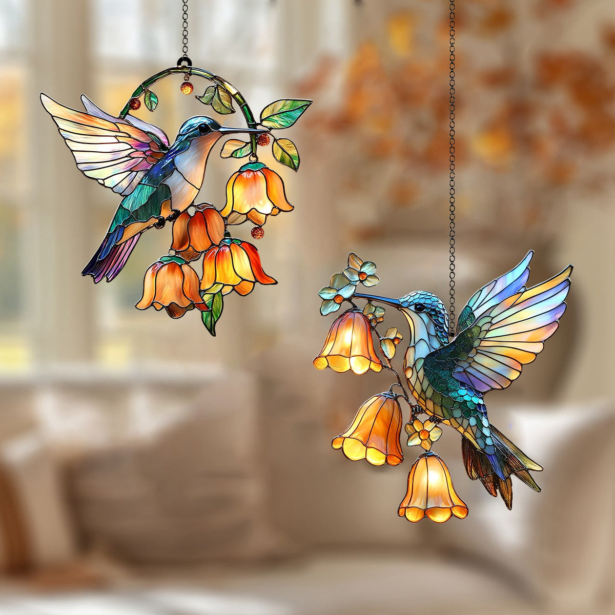 Hummingbird and Flower Suncatcher Ornament, Gift For Bird Lovers