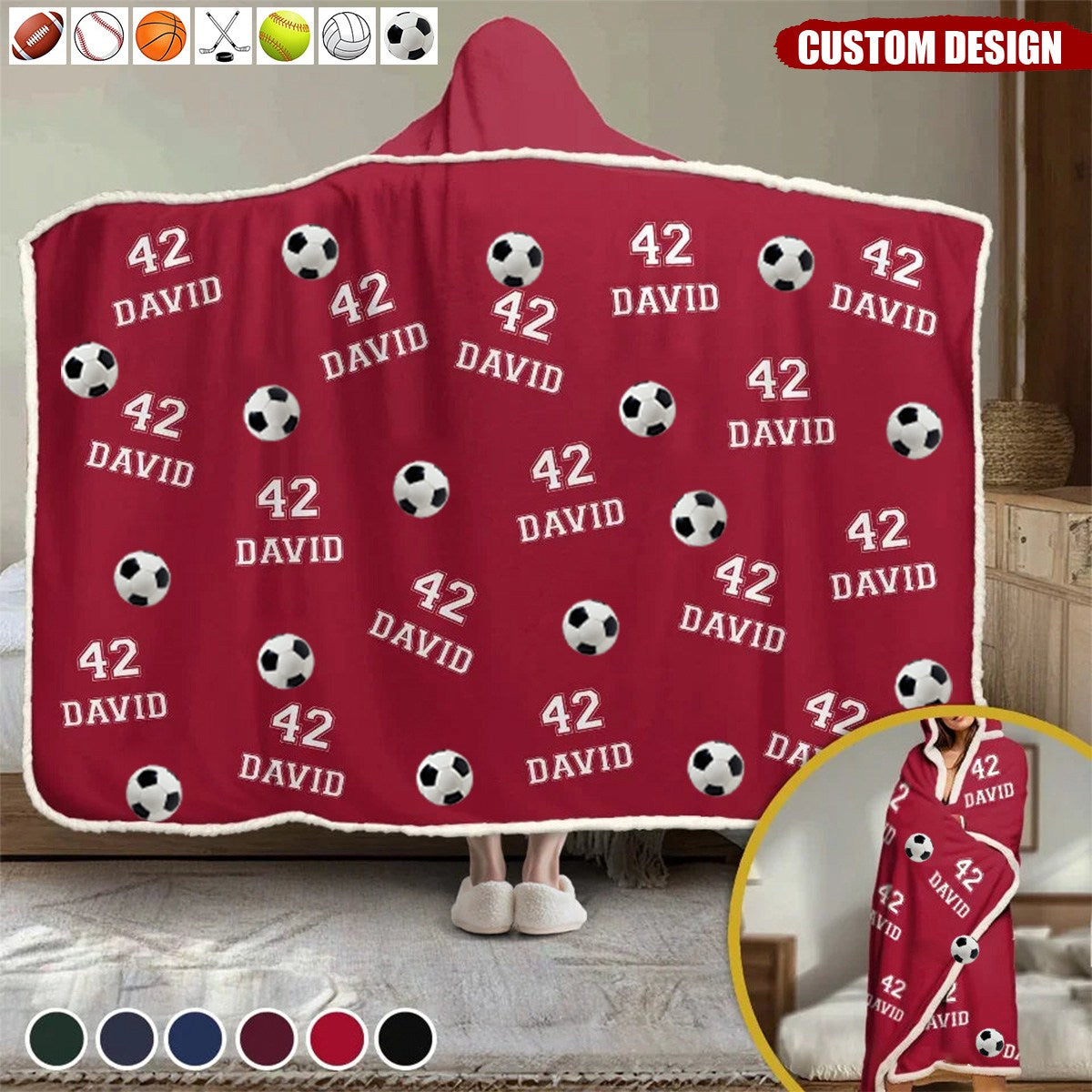 Gift For Football,Soccer,Hockey,Softball,Baseball,Volleyball Lover - Personalized Sport Wearable Hooded Blanket