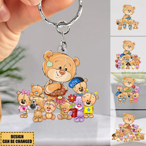 Personalized Mama Bear Colorful Flower With Little Kids Acrylic Keychain - Gift For Mom, Grandma