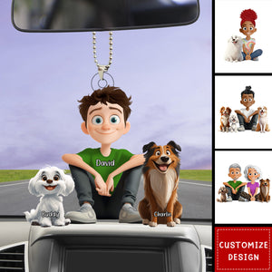 Personalized Cute Cartoon Couple And Dogs Acrylic Car Ornament-Gift For Dog Lovers, Couple