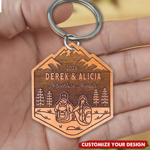 Personalized Hiking Couple Wood Keychain,Unique Custom Outdoors Gifts Hikers, Backpackers, Happy Camper, Newlywed