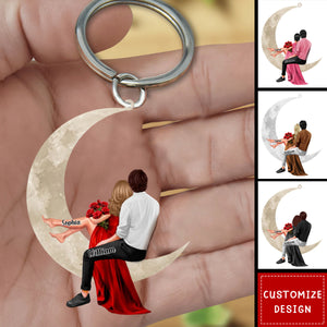 Couple sitting on the moon Personalized Acrylic Keychain - Gift For Wife,Husband,Anniversary