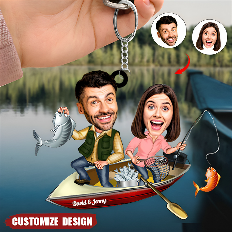 Fishing Couple Personalized Keychain Upload Face Photo, Gift For Him/Her