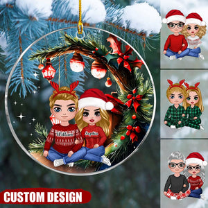 Christmas Doll Couple Sitting Hugging Under Tree Personalized Acrylic Ornament