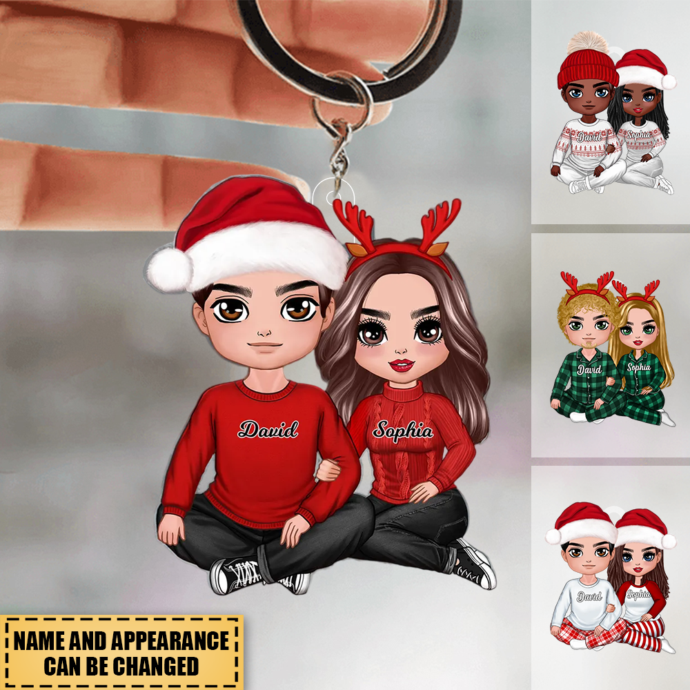 Christmas Doll Couple Sitting Hugging Personalized Acrylic Keychain