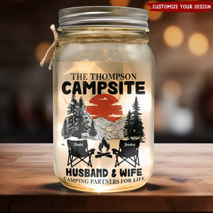 Husband & Wife Camping Partners For Life - Personalized Mason Jar Light