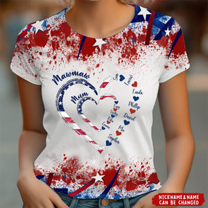 4th of July Grandma Mom Kids Heart In Heart Personalized 3D T-shirt