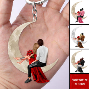 Couple sitting on the moon Personalized Acrylic Keychain - Gift For Wife,Husband,Anniversary