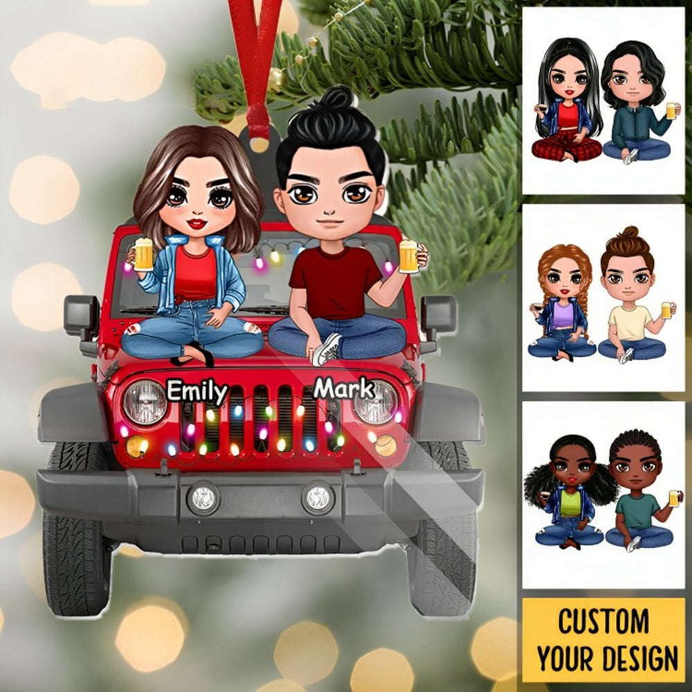 Couple With Car - Personalized Christmas Acrylic Ornament - Best Gift For Couple, For Christmas