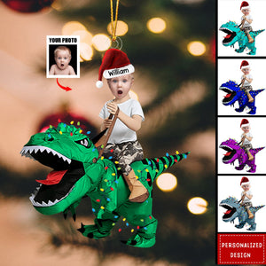 Cute  Kid/Adult Rides The Dinosaur Kid/Adult-Personalized Photo Acrylic Ornaments-2024 New Release Christmas Gift