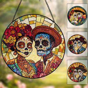 Day of the Dead Sugar Skull Stained Suncatcher Ornament - Gift For Couple