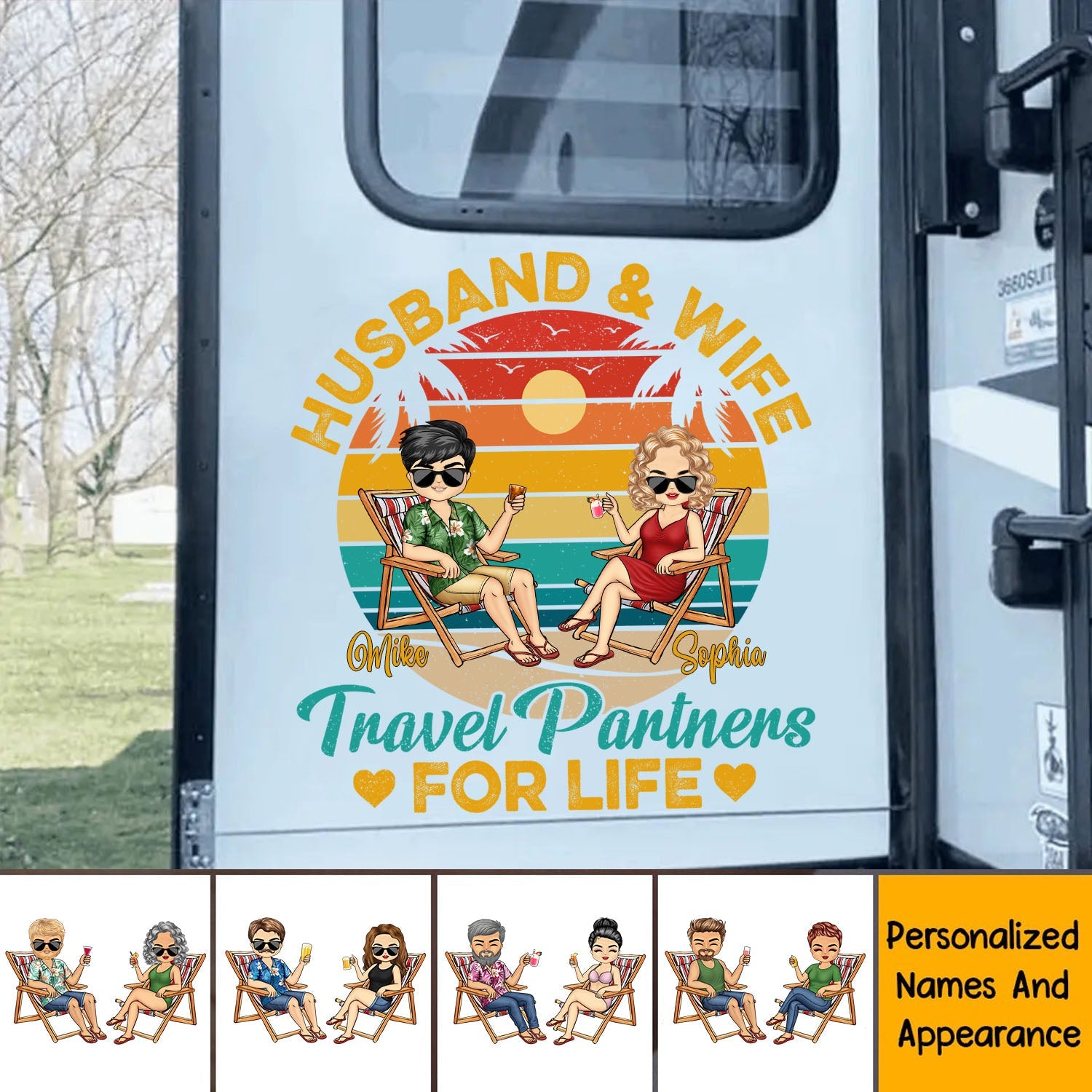 Husband And Wife Travel Partners For Life - Personalized Decal - Gift For Beach Traveling Couple