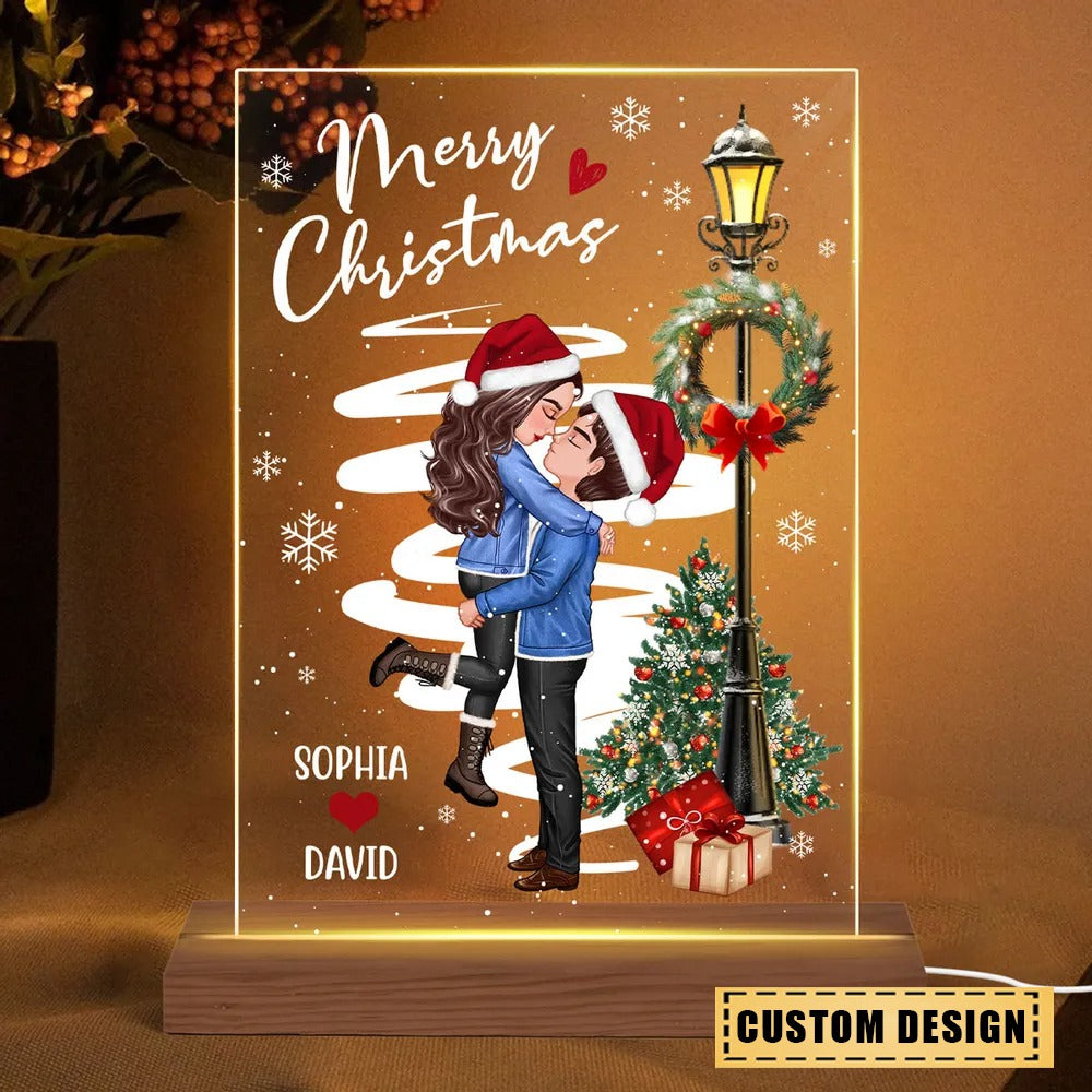 Winter Couple Hugging Kissing Snow Personalized Rectangle Acrylic LED Night Light