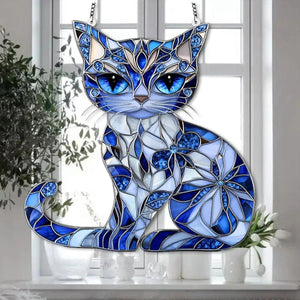 Blue & White Cat Suncatcher Ornament - Gift For Cat Lovers