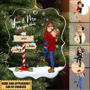 Winter Couple Hugging Kissing Snow Personalized Acrylic Ornament-2