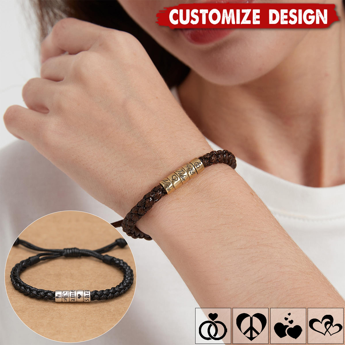 Personalized Men Women Woven Leather Bracelet - Gift For Husband,Wife,Anniversary