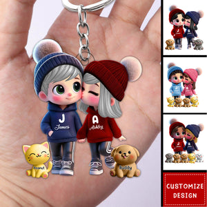 Cute Cartoon Couple You Me And The Dog Cat Personalized Acrylic Keychain-Gift For Couple