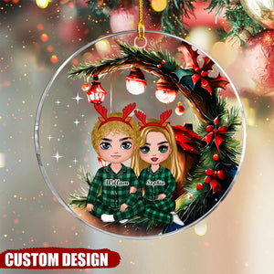 Christmas Doll Couple Sitting Hugging Under Tree Personalized Acrylic Ornament