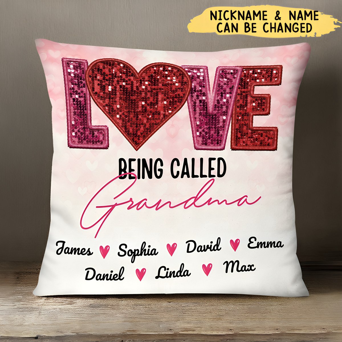 Personalized Pink Glitter LOVE Pillow,Gift For Grandma/Grandparents