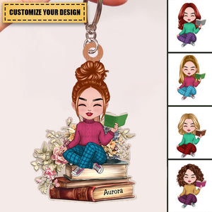 Book Lovers - Reading Girls Sitting On Books - Personalized Acrylicen Keychain