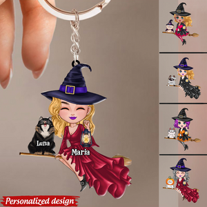 Witch Riding Broom Mystical Girl With Cute Cat Kitten Pet Personalized Acrylic Keychain