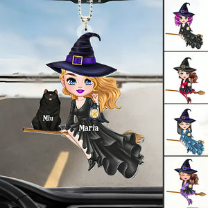 Witch Riding Broom Mystical Girl With Cute Cat Kitten Pet Personalized Car Ornament