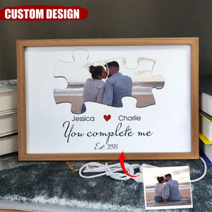 Personalized Upload Your Photo You Complete Me Couple Light Frame Canvas